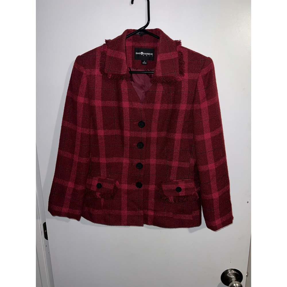 Sag Harbor Suit Womens Size 8 Red Pink Plaid Fringed Blazer Jacket 31-35108